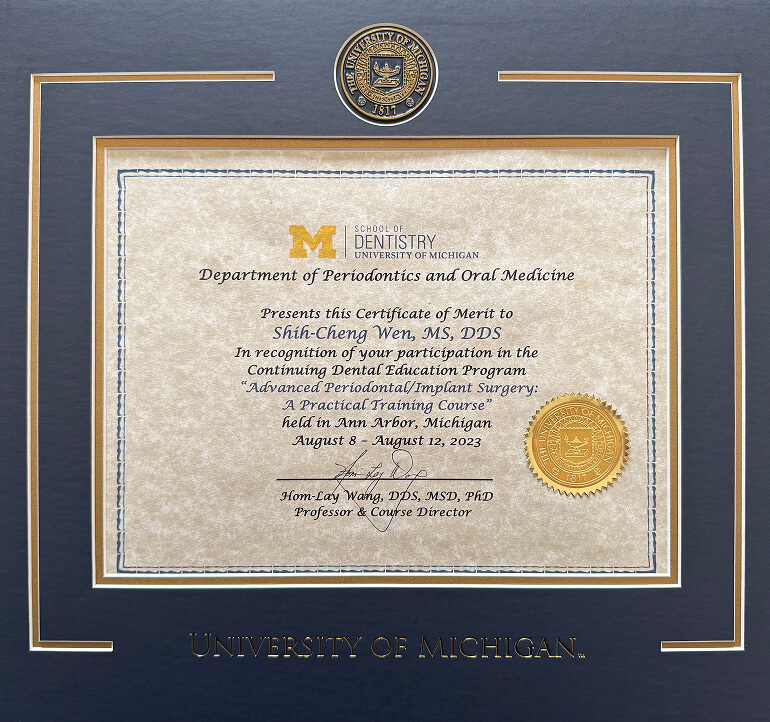 温世政院長之美國密西根大學高階植牙講座導師證書
